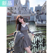 彌柯菲假兩件針織毛衣上衣a字半身裙女秋冬新款韓系針織百搭休閑套裝潮 灰色 S