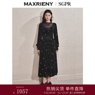 MAXRIENY【商場同款】M法式甜美連衣裙刺繡收腰精致赫本風(fēng)長裙 黑色 M