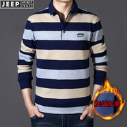 JEEP長(cháng)袖T恤男秋冬條紋翻領(lǐng)加絨加厚男T恤商務(wù)休閑POLO體恤衫男裝 8051灰色 XL