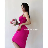 liviahome 歐美風(fēng)露背性感無袖背心裙彈力針織緊身包臀連衣裙女 玫粉色 均碼