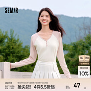 森馬（Semir）【云柔親膚】長(cháng)袖t恤女短款V領(lǐng)修身上衣24年新款插肩袖休閑薄外套 粉色調01315 L