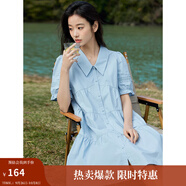 茵曼（INMAN）2025夏女新款田園娃娃裙切爾西領(lǐng)泡泡袖A字連衣裙 淺水藍 -18525990 S