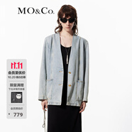 MO&Co.春秋V領(lǐng)無領(lǐng)廓形懷舊棉質(zhì)牛仔夾克外套摩安珂 牛仔藍(lán)色 XS 155