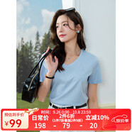 LAGOGO含桑蠶絲舒適純色T恤女拉谷谷2025夏新款簡(jiǎn)約通勤V領(lǐng)上衣 藍(lán)色 S