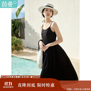 茵曼（INMAN）夏季提花肌理女裝純色吊帶連衣裙顯瘦百搭風(fēng)中長(zhǎng)裙子 黑色 L
