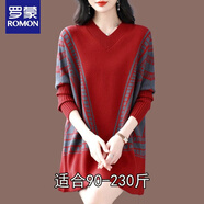 羅蒙胖妹妹特大碼蝙蝠袖毛衣秋冬季長袖中長款V領(lǐng)羊絨咩毛衫上衣240斤 紅色 2XL 適合130-145斤