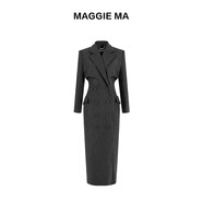 MAGGIE MA馬婧設計師款氣質(zhì)復古雙排扣豎條紋收腰西裝連衣裙010C 黑色 S