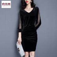 俞兆林秋冬裝新款七分袖金絲絨連衣裙女V領(lǐng)大碼中長(cháng)款修身顯瘦包臀裙春 黑色 L 95-105