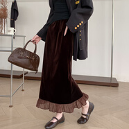 彈簧人（TANHUANGREN）2025早秋新款時(shí)尚松緊腰歐根紗木耳邊拼接開(kāi)叉絲絨中長(cháng)半身裙包裙 咖啡色 S