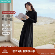 茵曼法式燈芯絨連衣裙秋冬女裝高領(lǐng)長袖A擺針織中長裙子 午夜黑 XL 