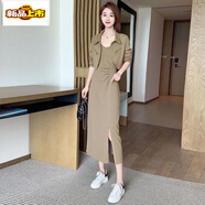 初徑長(cháng)袖短外套褶皺開(kāi)叉吊帶裙套裝女2025年秋季新款洋氣連衣裙兩件套 2811#卡其色連衣裙 2XL 【建議125-140斤】