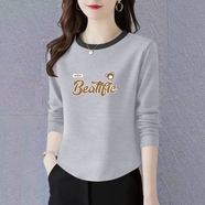 思羽君純棉新款女士長(cháng)袖t恤寬松2025春秋大碼顯瘦時(shí)尚韓版打底上衣女潮 花灰色【Bea熊】?jì)?yōu)質(zhì)純棉 L 建議100-110斤穿