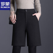 羅蒙（ROMON）毛呢闊腿短褲女2025新款加大碼秋冬加厚五分高腰外穿時(shí)尚百搭 黑色88 前面拉鏈 4XL 【4XL建議170-185斤】