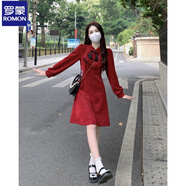 羅蒙大碼小香風(fēng)紅色連衣裙女秋冬胖mm收腰加厚新中式甜辣新年戰袍裙子 紅色短裙 L 100-115斤