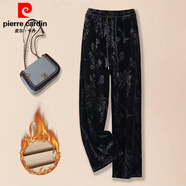 皮爾卡丹（pierre cardin）加絨加厚2025秋冬媽M媽褲高腰直筒新中式印花長(cháng)褲金絲絨提花闊腿 經(jīng)典黑 加絨 3XL (建議110-125斤)