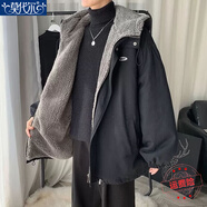 莫代爾羊羔毛外套女2025秋冬季新款設(shè)計(jì)感加絨加厚棉服寬松棉衣高中學(xué)生 黑色 S