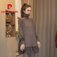 皮爾卡丹（pierre cardin）韓系黑色蕾絲花邊拼接亮閃閃上衣大碼別致獨特超好看高領(lǐng)打底衫 卡色 均碼 85-160