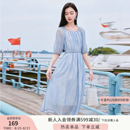香影溫柔風(fēng)粉色連衣裙女2025夏季新款超好看五分袖海邊度假沙灘裙 藍色 M
