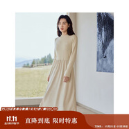 茵曼法式燈芯絨連衣裙秋冬女裝高領(lǐng)長(zhǎng)袖A擺針織中長(zhǎng)裙子 淡香杏 L 
