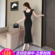 歐貝汐2025夏季新款方領(lǐng)荷葉邊百褶長(cháng)裙包臀連衣裙 黑色 L