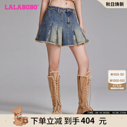 LALABOBO美式復古小丑毛邊純棉百褶半身裙女新款高腰a字裙LBDC-WXZQ16 中藍白 常規 24
