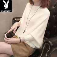 花花公子（PLAYBOY）春秋裝新款蝙蝠衫套頭寬松上衣顯瘦純色織衫蝙蝠袖氣質毛衣女 白色 均碼 80-140斤可穿