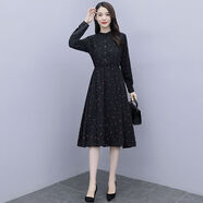 啄木鳥(niǎo)（TUCANO）2025早秋新款長(cháng)袖長(cháng)款連衣裙女碎花雪紡收腰時(shí)尚氣質(zhì)中長(cháng)裙子 黑色【立領(lǐng)】 M 95-105斤