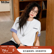 MsShe【涼感索羅娜棉拼接格紋刺繡短袖T恤】顯瘦大碼女裝2025夏裝胖mm 短袖-純白色現貨 2XL