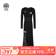 TCH輕奢潮牌早秋款時(shí)尚燙鉆蕾絲設(shè)計(jì)感顯瘦氣質(zhì)溫柔風(fēng)女T75C30E5020 黑色 S 95-110斤