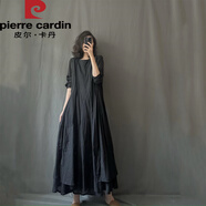 皮爾卡丹2025秋季森女日系棉麻連衣裙女長袖白色仙女大擺亞麻袍子長裙 黑色 均碼