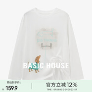 百家好（Basic House）Basic House/百家好白色長袖T恤女卡通印花側(cè)邊抽繩設(shè)計感秋上衣 白色 M