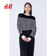 H&M女裝毛針織衫秋季薄款時尚法式慵懶短款打底衫m(xù)iu系開衫0579541 黑色/白色條紋 M 165/96