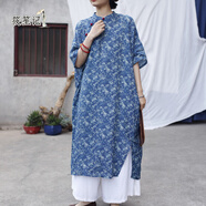 筱笙記苧麻連衣裙中式國風(fēng)女裝大碼寬松文藝復古禪意茶服棉麻改良旗袍裙 蘭小花中袖裙 均碼 不含白色闊腿褲