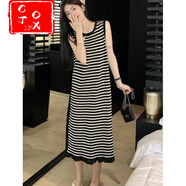 CTOX條紋針織無(wú)袖背心連衣裙女夏季2025復古顯瘦學(xué)生流蘇過(guò)膝長(cháng)裙 黑色 XL 建議121-130斤