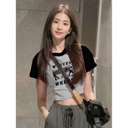 森馬（Semir）今年流行撞色短袖t恤女夏季美式辣妹風(fēng)插肩修身顯瘦絕美短款上衣 黑拼灰色【商城品質(zhì)】 S (90斤-110斤)
