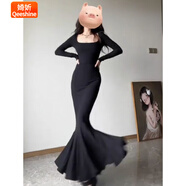 婍妡步步生蓮方領(lǐng)長袖魚尾包臂連衣裙女秋氣質(zhì)修身收腰顯瘦性感長裙子 主圖款 S