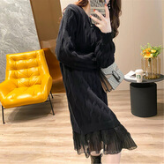 HUALIN FASHION女款中長蕾絲拼接毛衣裙2025秋裝韓版純色麻花針織衫外穿 黑色 均碼