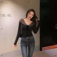 林關(guān)關(guān)黑色蕾絲拼接宴會(huì )連衣裙早秋長(cháng)袖性感純欲小黑裙修身包臀裙 黑色-上衣 L L