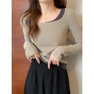 映棠恤春秋新款2023假兩件打底衫 淺咖色 M 95-105斤