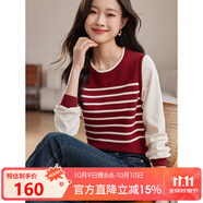 熙世界假兩件法式針織衫女2025秋款長(zhǎng)袖復(fù)古條紋套頭毛衣上衣 加厚 復(fù)古紅-上衣 L