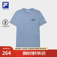 FILA官方男子短袖T恤夏季簡(jiǎn)約圓領(lǐng)運(yùn)動(dòng)男裝上衣休閑針織套頭衫 鐵漆藍(lán)-DB 3XL 190/108A