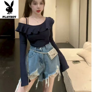 花花公子（PLAYBOY）新品大碼胖mm純欲風露肩荷葉邊吊帶長袖T恤女秋季別致修身顯瘦上 藏青-旗艦款 L _100-115斤