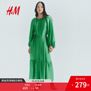H&M女裝連衣裙2025新款時(shí)尚腰部系帶寬松連身裙緞面大擺裙1299908 亮綠色 M 165/96