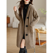 LISI輕奢國際高檔品牌外套春裝新款連帽粗線(xiàn)針織衫女中長(cháng)款裝外搭寬松 卡駝 M 【90-105斤】