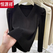 恒源祥泡泡袖V領(lǐng)加厚針織衫套頭毛衣女秋冬季2025新款時(shí)髦內搭小眾上衣 黑色 S