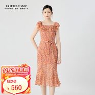 哥弟（GIRDEAR）女裝2025新款荷葉邊領(lǐng)口開叉造型連衣裙（附腰帶）150025 活力橙 L (4碼)