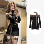 園翌美式豹紋掛脖一字肩長(cháng)袖連衣裙女冬小眾設計感修身包臀短裙子 【版】黑色短裙 S 【女裝2024新款春款/風(fēng)情萬(wàn)種的裙子/今年流行