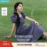 茵曼（INMAN）章若楠同款法式方領格紋連衣裙2025夏季新品女裝泡泡袖裙子 藏青藍 63.1%棉 XL