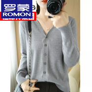 羅蒙（ROMON）高檔100%羊毛絨衫開衫女寬松大碼薄款毛衣外套純色打底羊毛上衣 灰色 XL 125-135斤