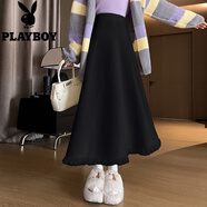 花花公子（PLAYBOY）花花公子加厚針織流蘇百褶裙半身裙女秋冬松緊高腰顯瘦中長(zhǎng)款a字 黑色 S